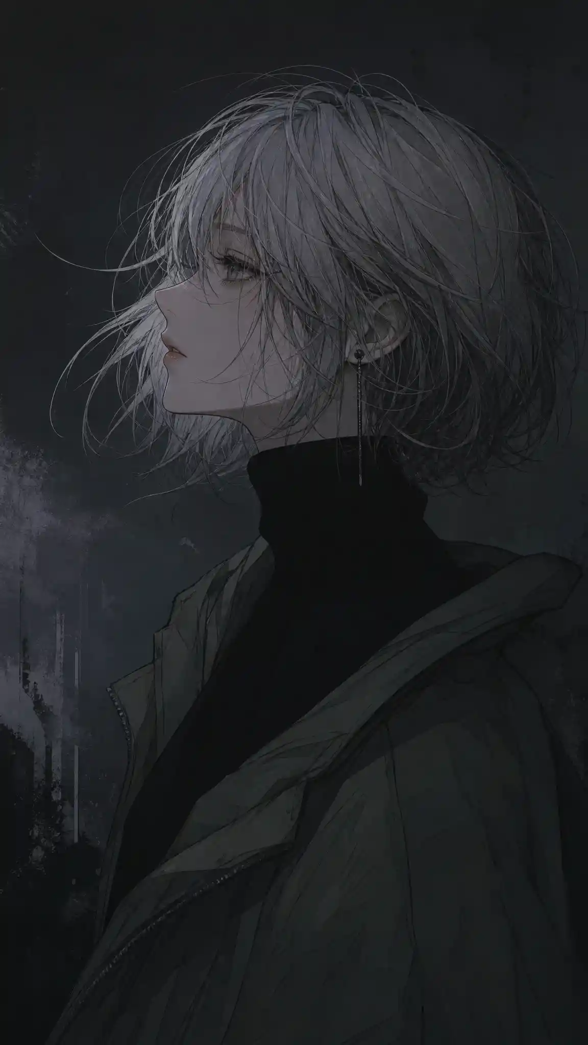 Femme d’anime mélancolique de profil avec fond enfumé