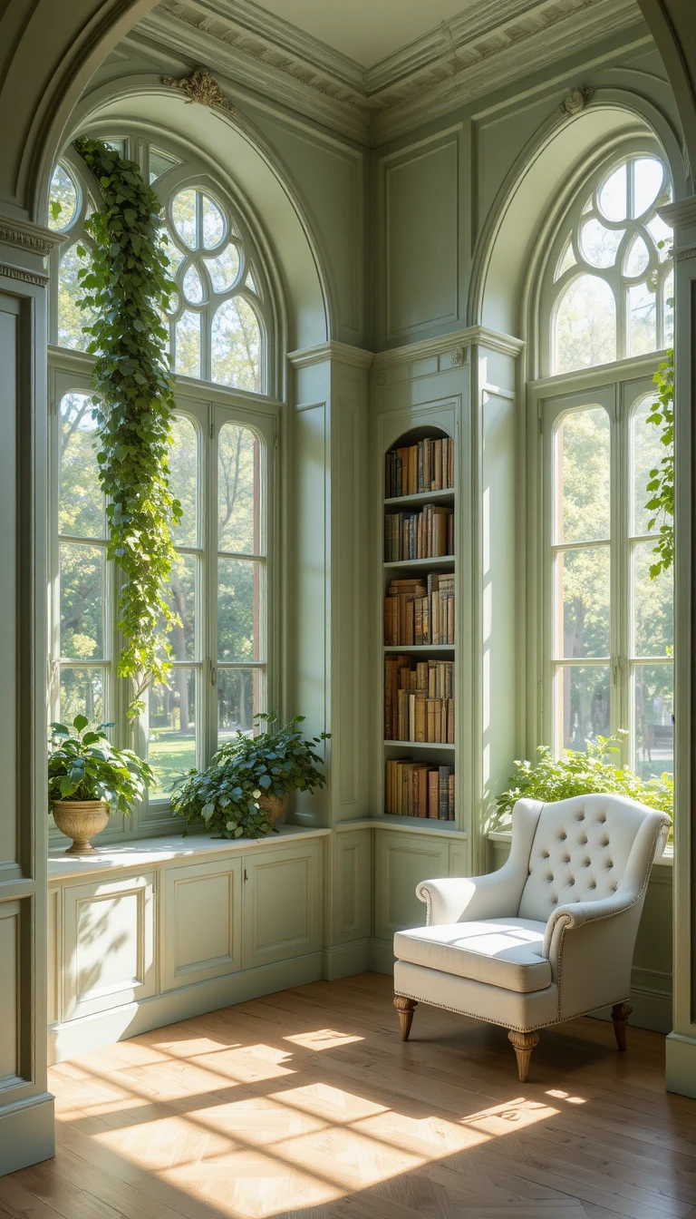 Rincón de lectura en verde salvia bañado por el sol con elegante sillón