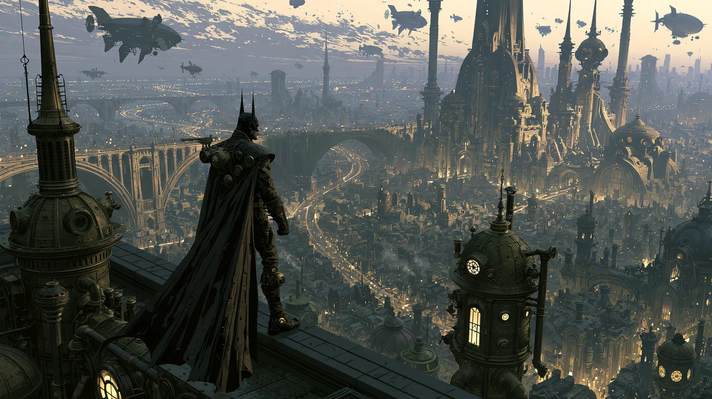Steampunk-Superheld mit Blick über eine weitläufige Noir-Stadtlandschaft