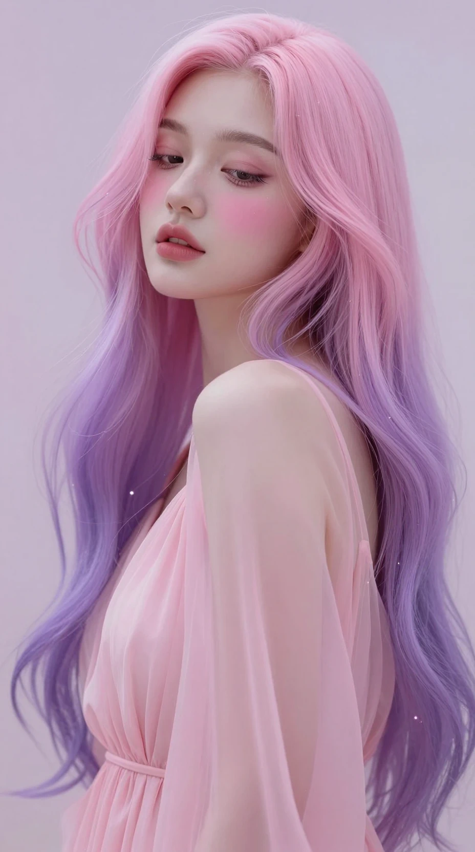Chica fantástica con vestido de gasa en tonos pastel y partículas brillantes