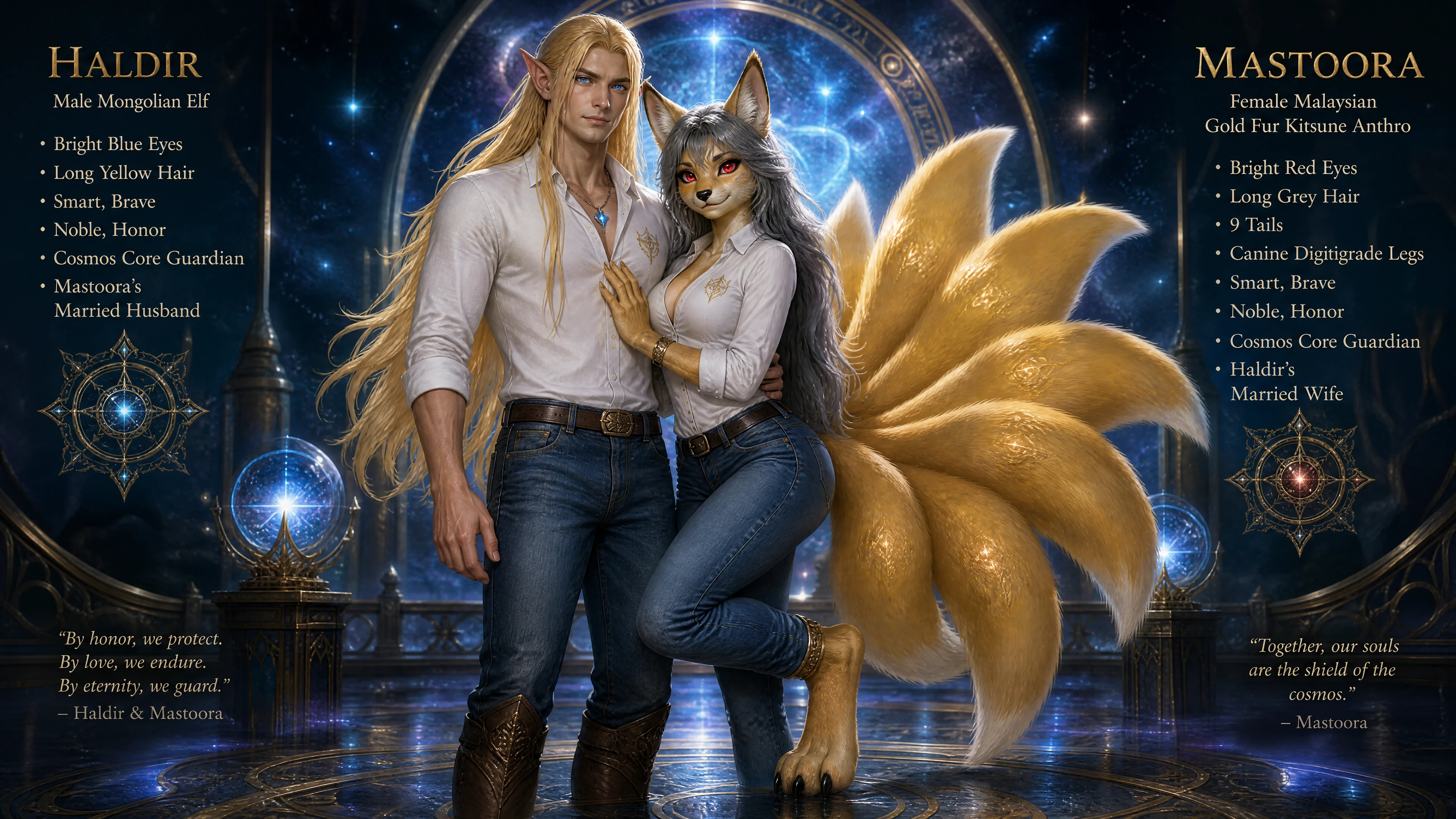 Guardián elfo mongol junto a su esposa kitsune antrópica