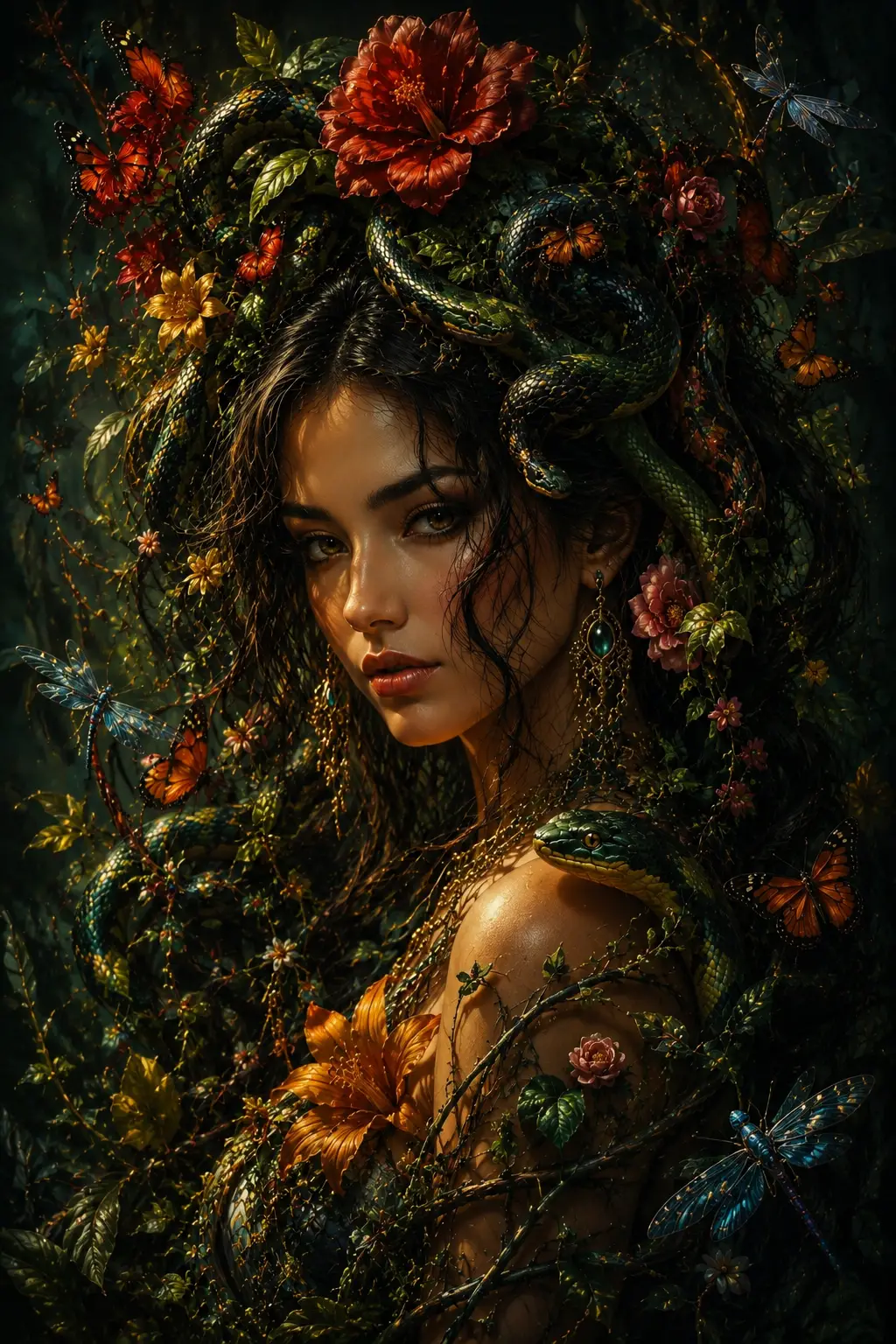 加冕女子的黑暗奇幻植物肖像