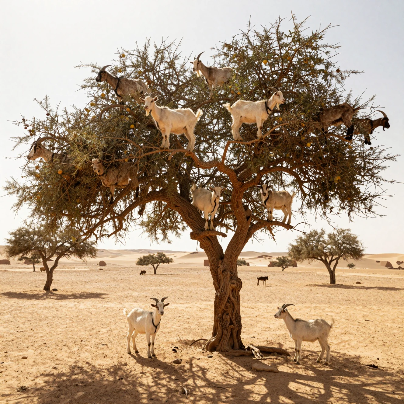 Chèvres Perchées sur un Arbre d’Argan dans le Désert en Plein Soleil