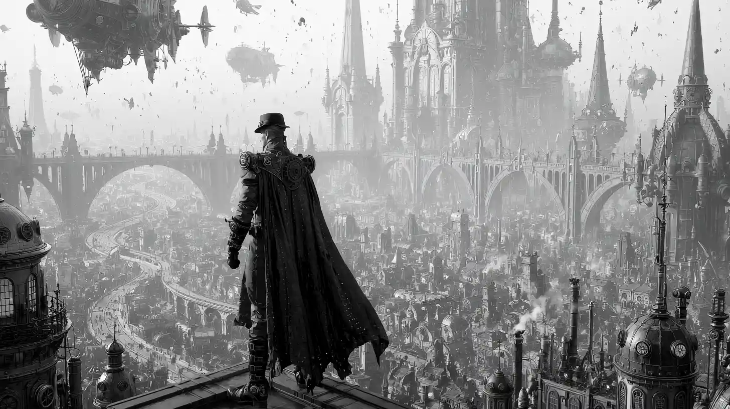 Super-herói steampunk observando uma vasta cidade retrofuturista