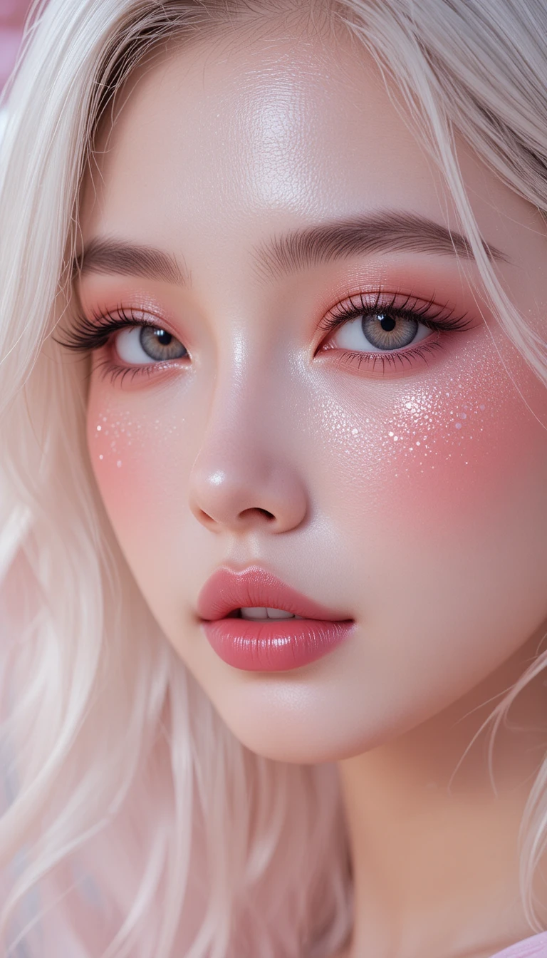 Retrato de belleza en primer plano de chica con maquillaje de rosa