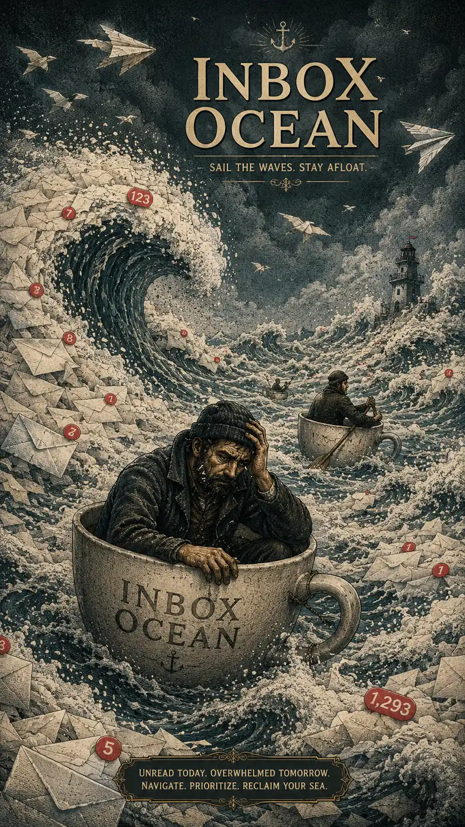 Surreal inbox ocean of envelopes forming crashing waves