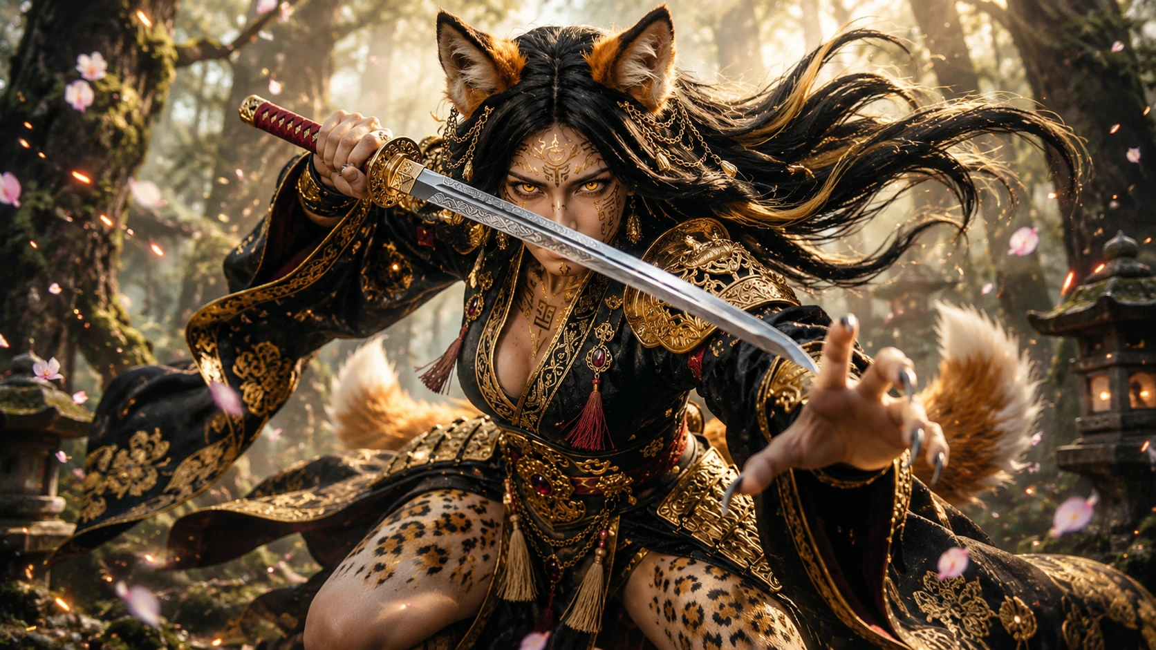 Reina guerrera kitsune lista para atacar en el bosque encantado