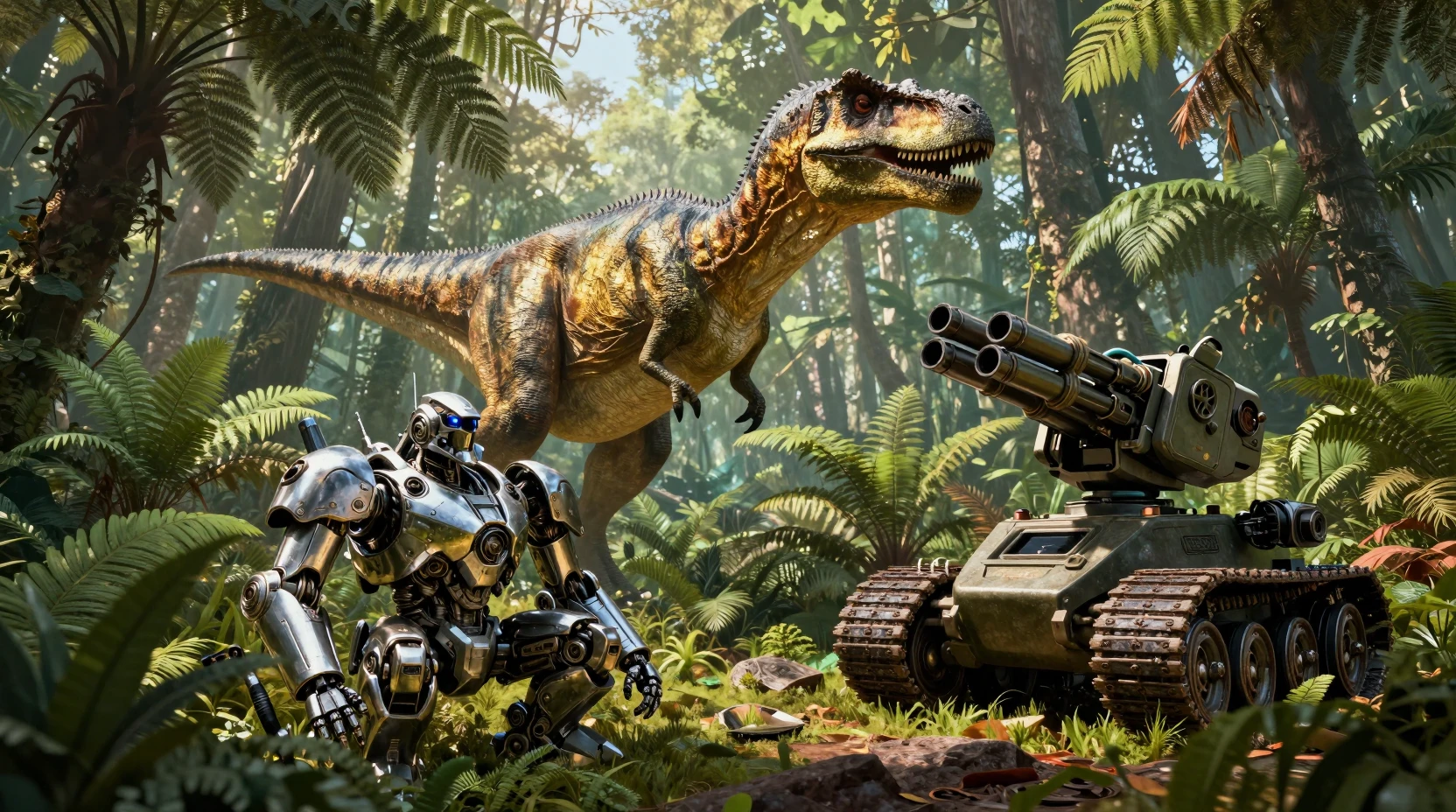 Dinosaurio dorado que se alza en un frondoso bosque prehistórico de helechos