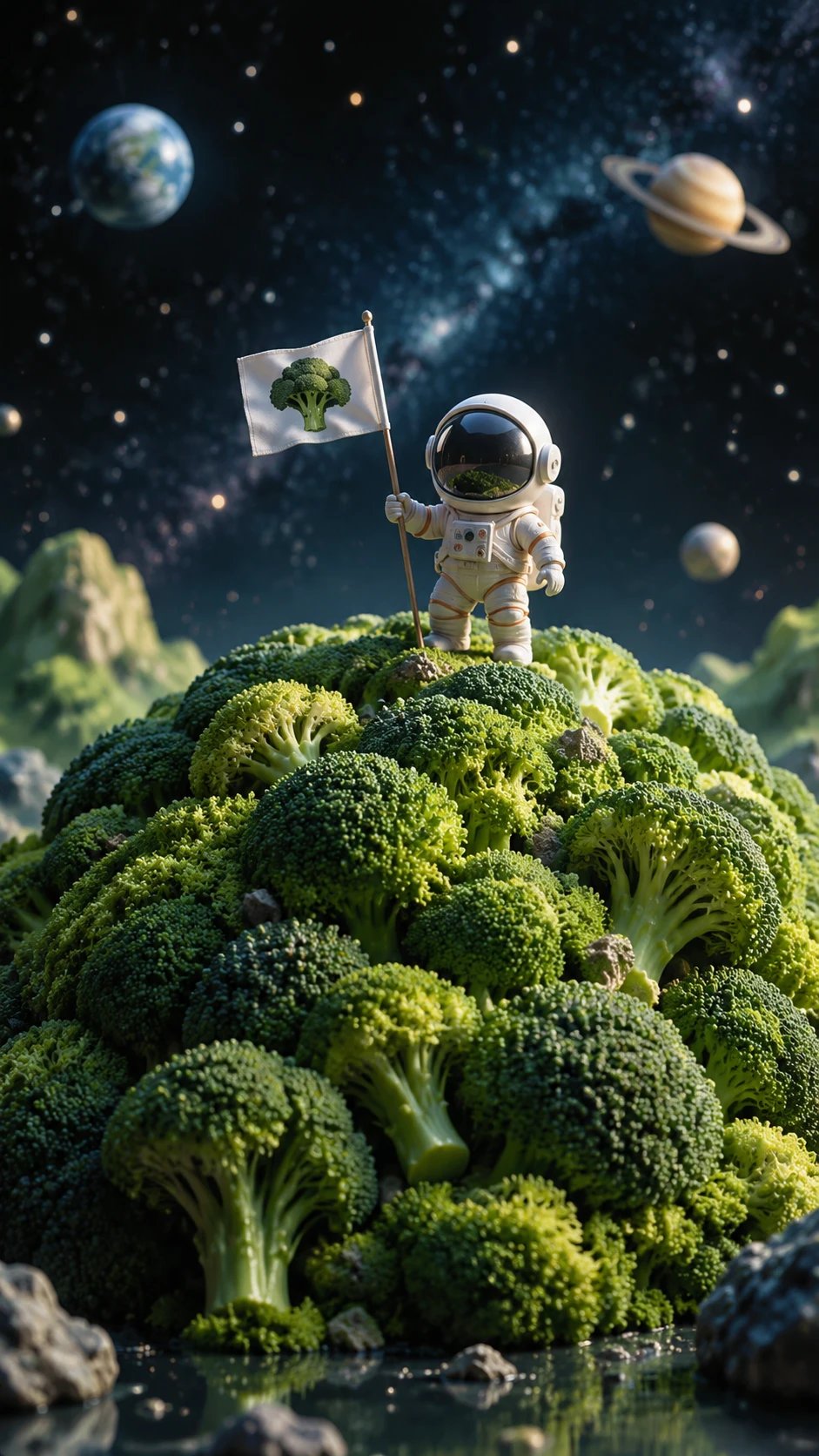 Astronauta de dibujos animados en diminuto planeta de brócoli en el espacio