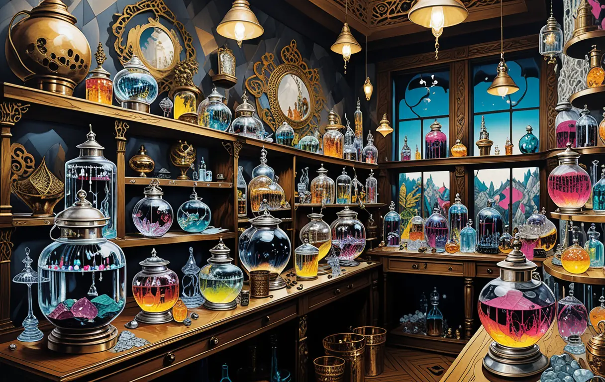 Mystical apothecary shop with glowing neon lanterns