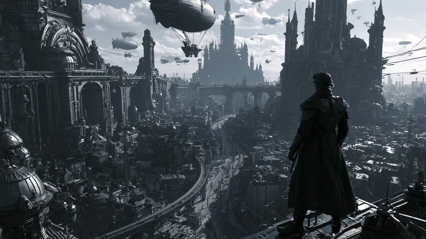 Super-héros steampunk surplombant une vaste ville au style noir