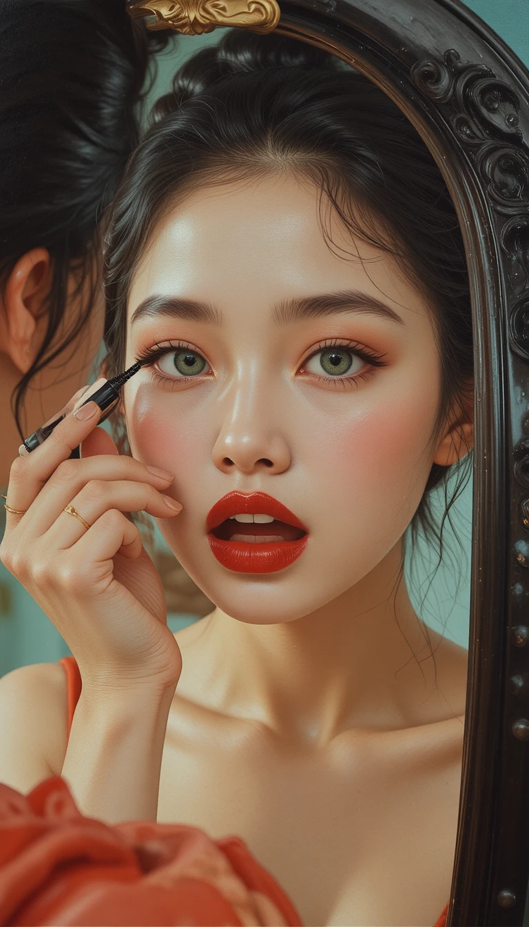 Mujer pin-up japonesa aplicándose rímel frente al espejo
