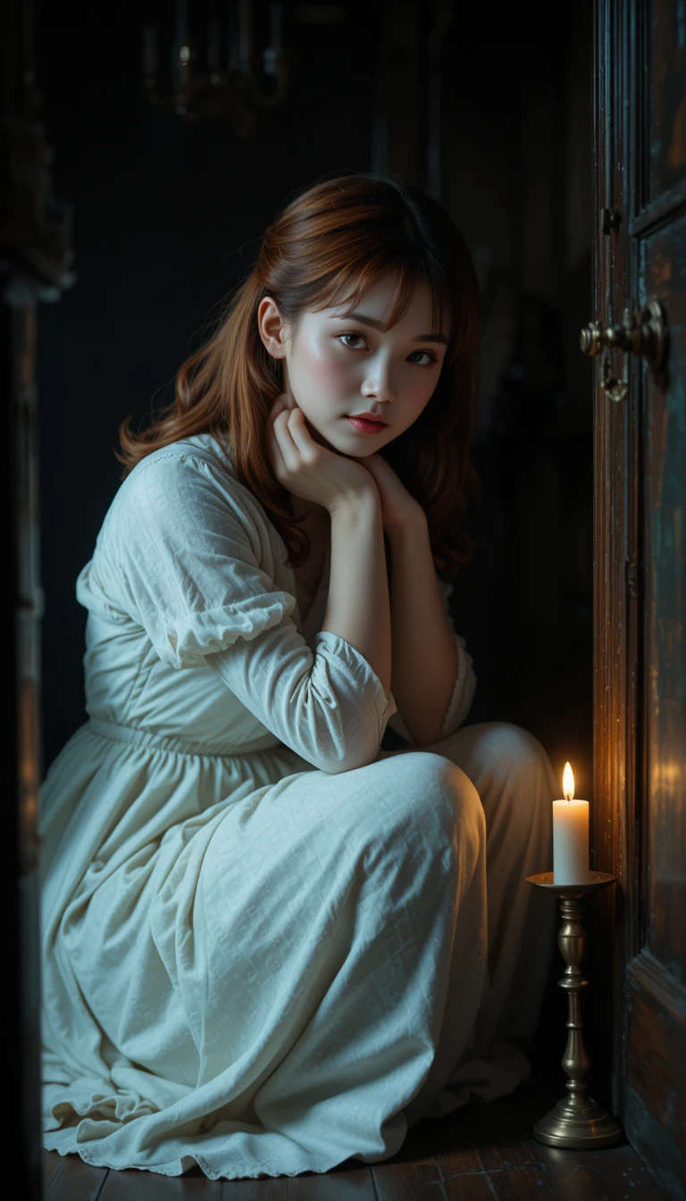 Chica japonesa escondida bajo las escaleras a la luz de las velas