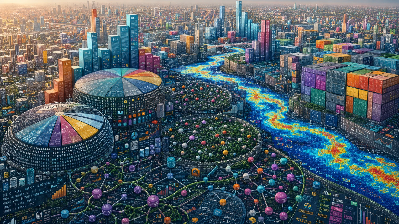 Paisaje urbano futurista construido completamente a partir de visualizaciones de datos