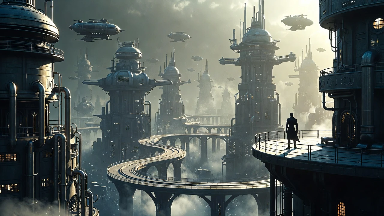Steampunk-Superheld mit Blick auf eine weitläufige retrofuturistische Stadt