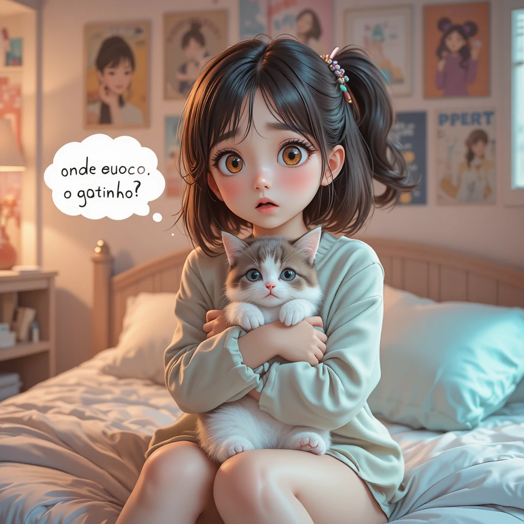 Chica de anime en su cama abrazando a un gatito esponjoso