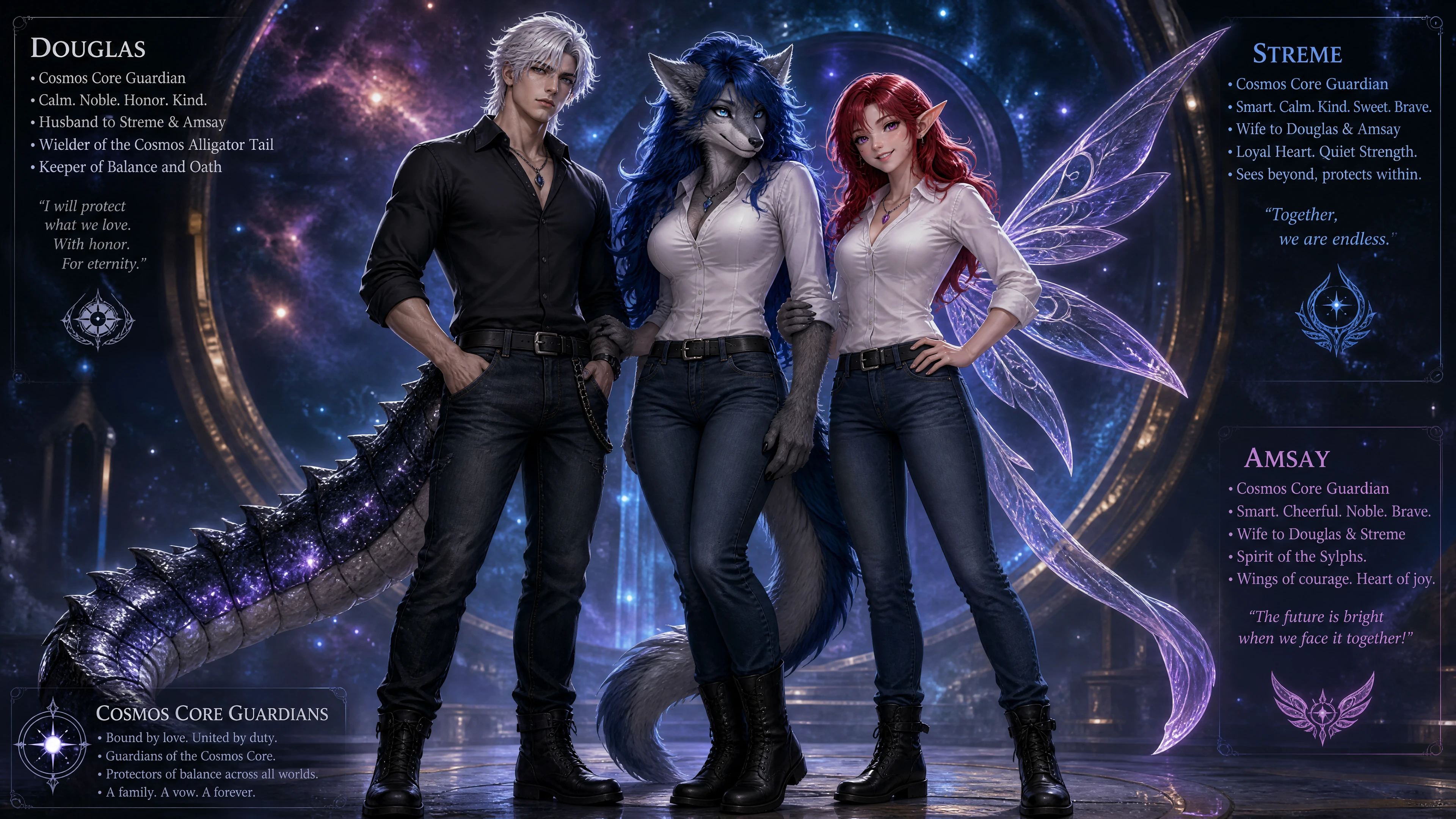 Fantasy trio of cosmic core guardians standing together