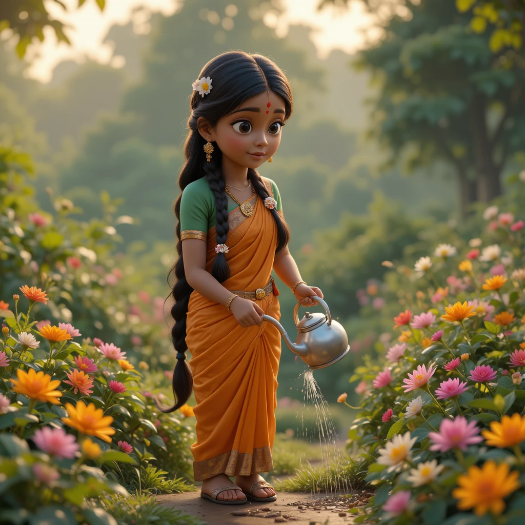 Madre india regando flores en un jardín al amanecer