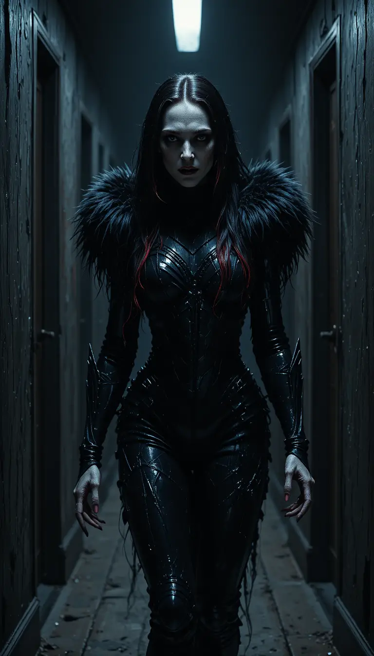 Terrifiante femme en armure marchant dans un couloir sombre