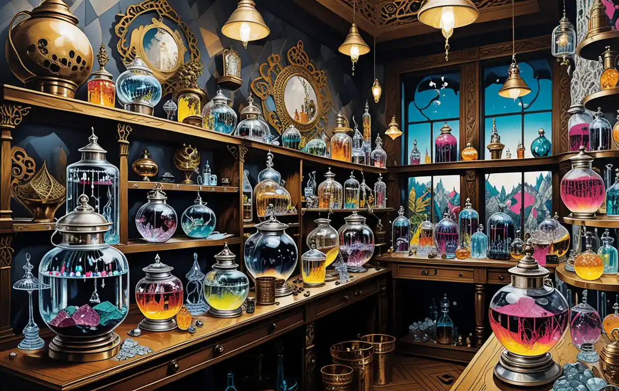 Mystical apothecary shop with glowing neon lanterns