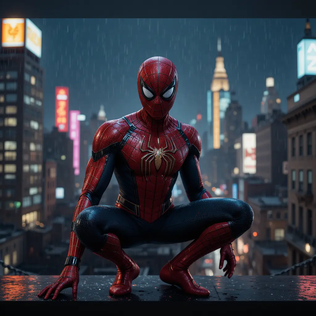 Super-héros sur un toit de ville sous la pluie la nuit en vue cinématographique
