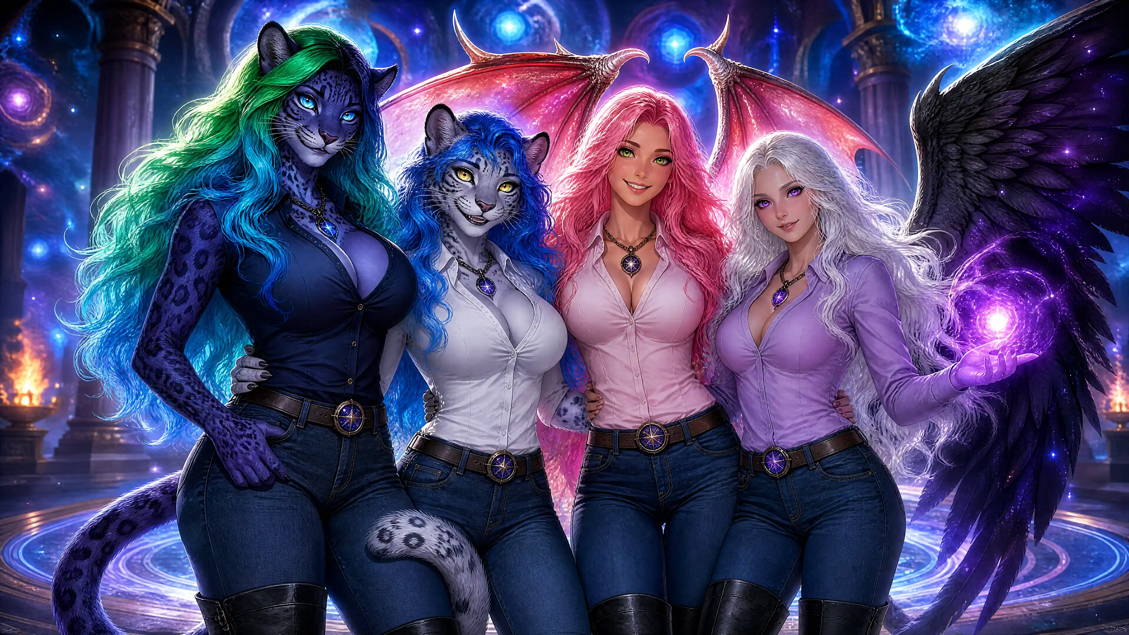 Kosmische Fantasy-Frauen mit Flügeln und Leopardenmerkmalen