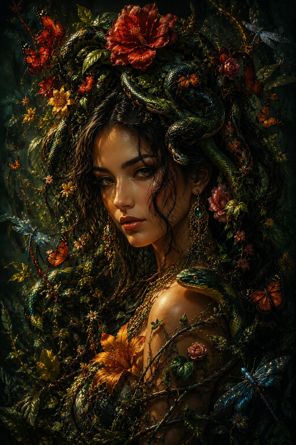 Retrato botánico de fantasía oscura de una mujer coronada