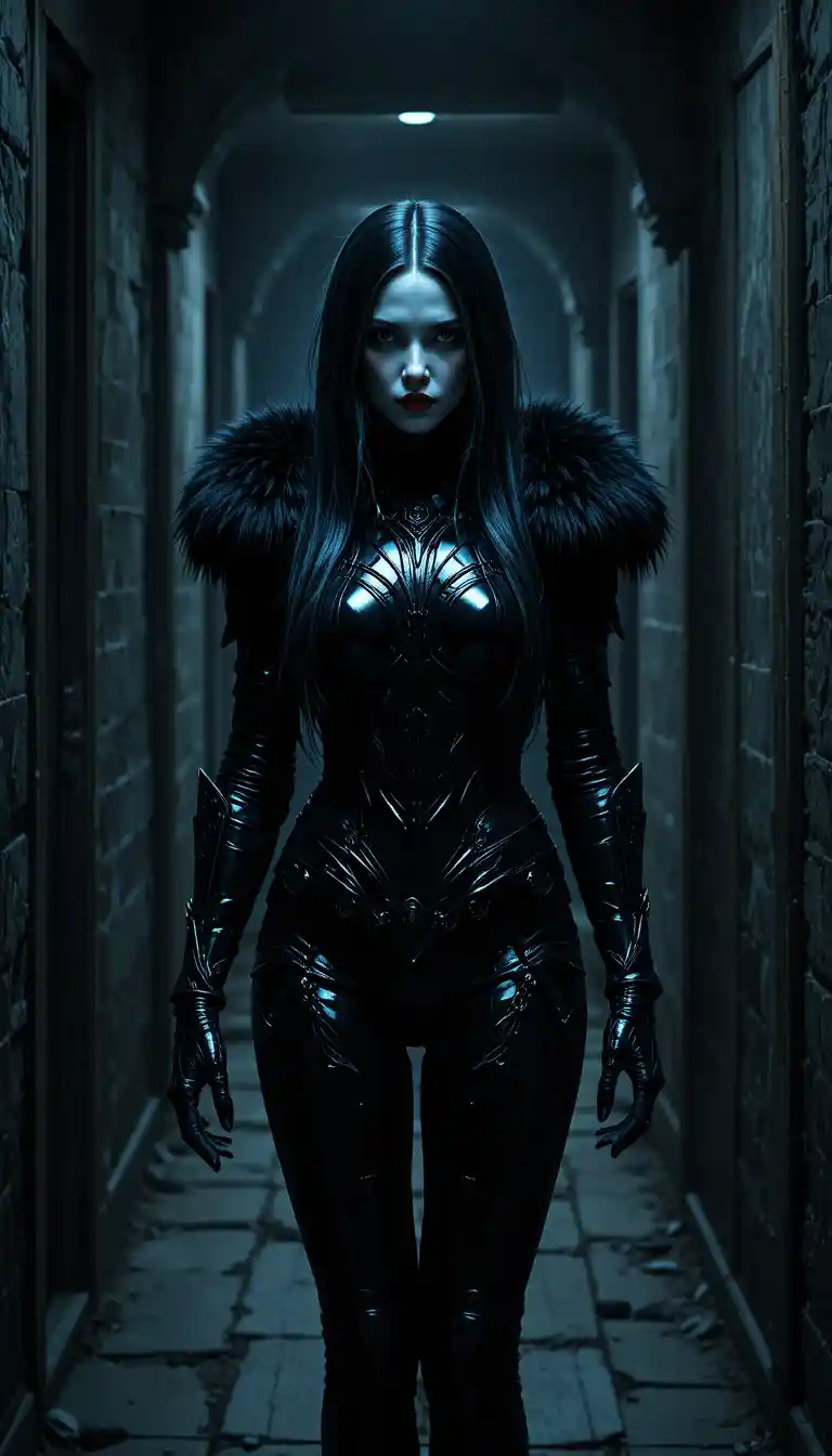 Tall dark armored woman in a narrow shadowy hallway