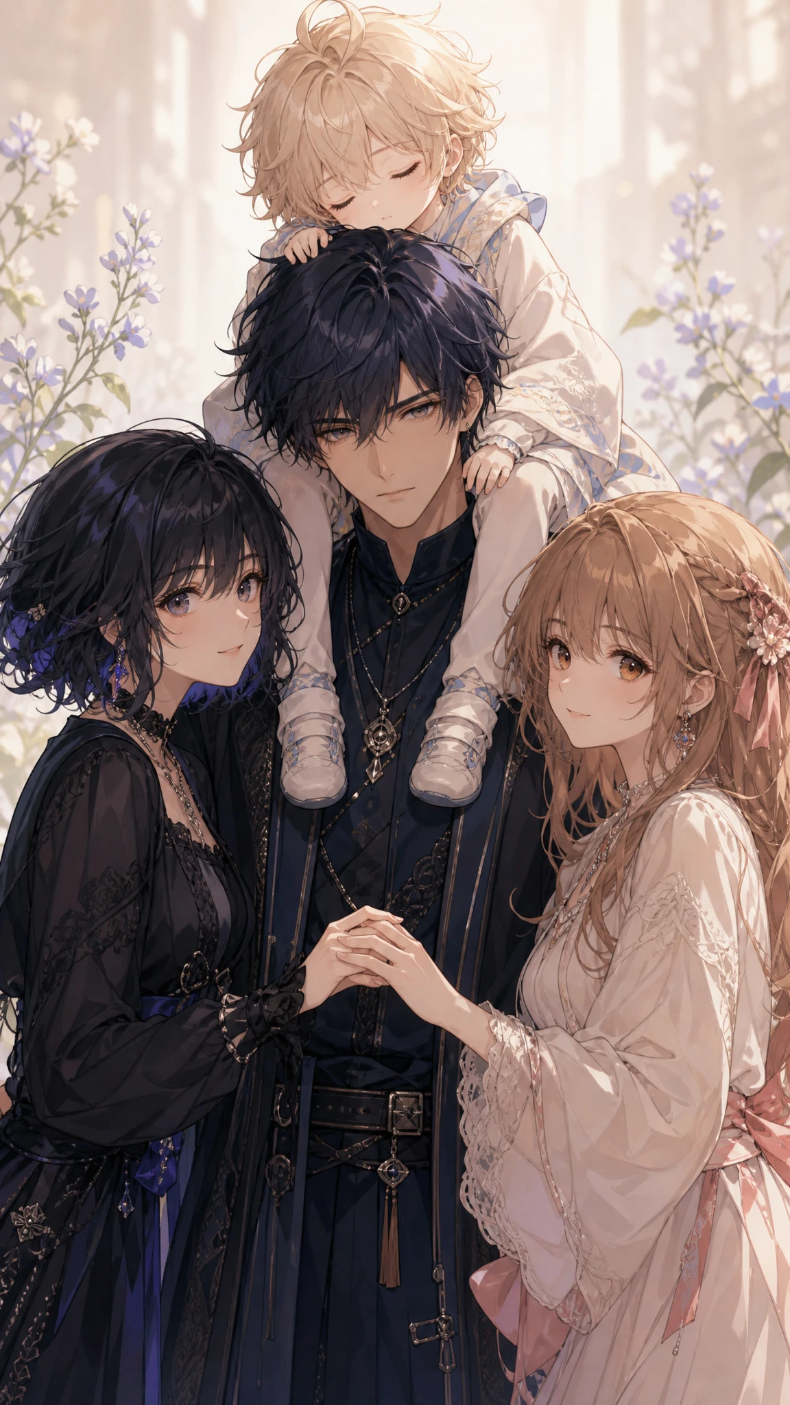 Anime family portrait with young man and child