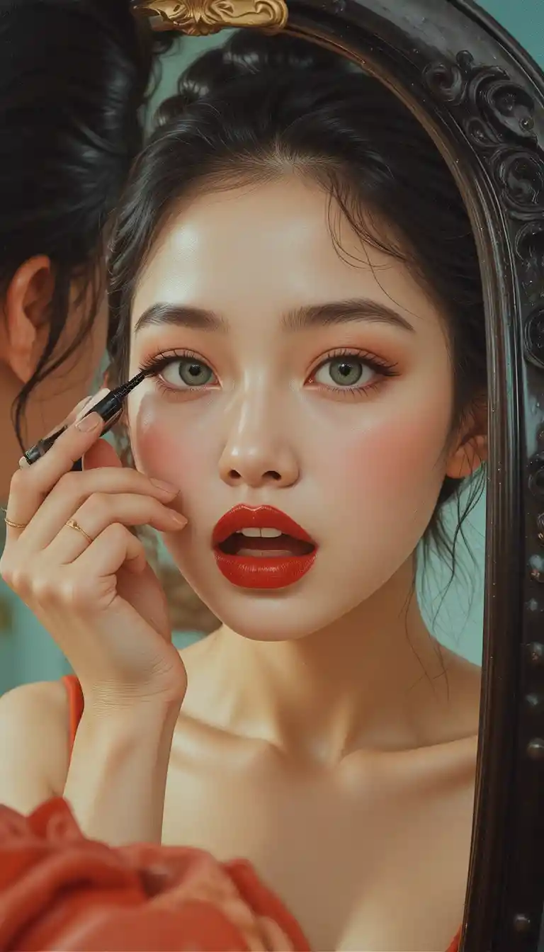 Japanisches Pin-up-Model trägt vor dem Spiegel Mascara auf