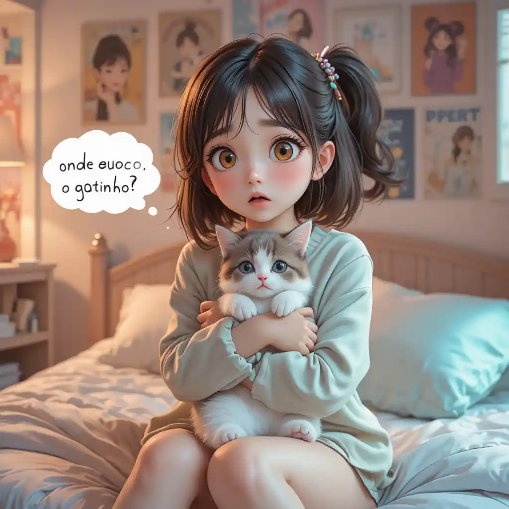 Fille d’anime sur son lit serrant un chaton tout doux