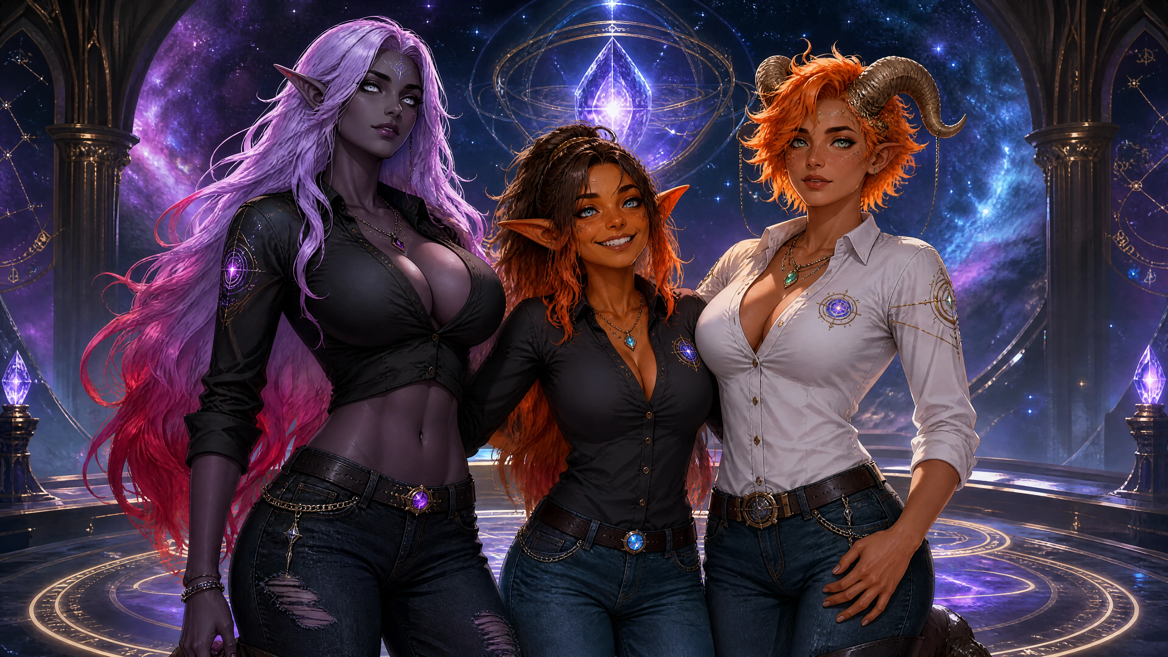 Three cosmic guardians standing together in casual clothes
