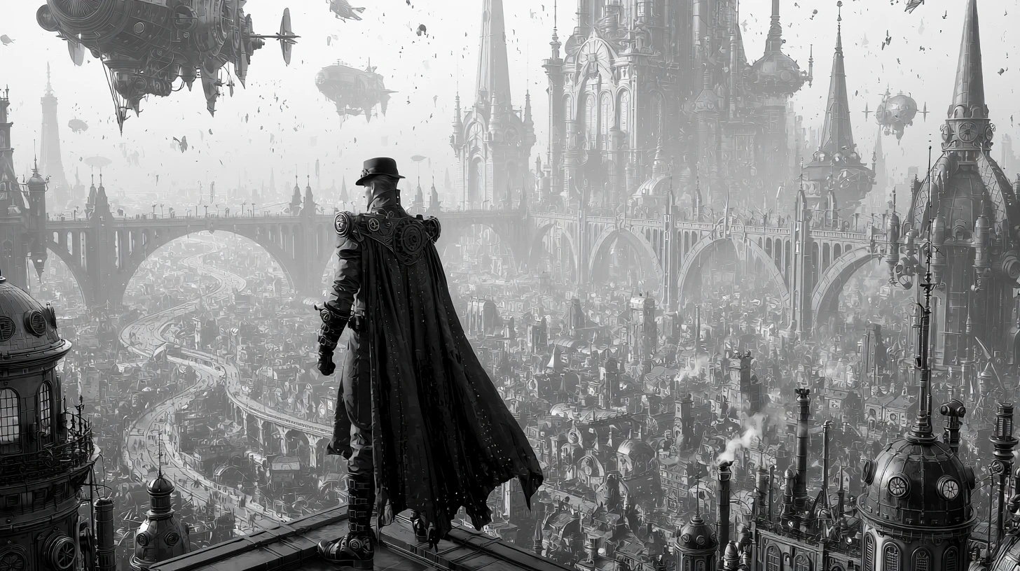 Supereroe steampunk che osserva una vasta città retrofuturistica