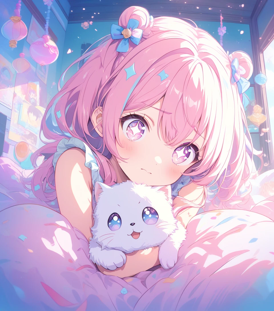 Chica de anime en su cama abrazando a un gatito esponjoso