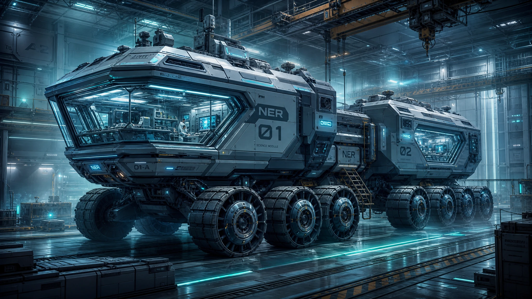 Futuristic exploration rover in an industrial sci fi hangar