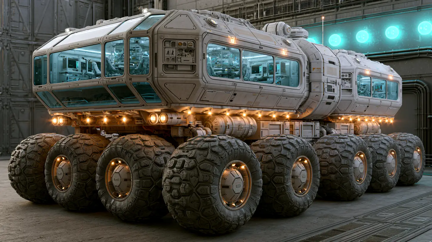 Rover d’exploration futuriste dans un hangar industriel de studio