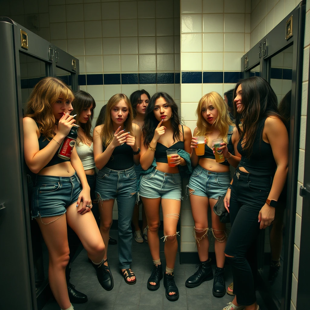 Mujeres de una banda grunge relajándose juntas en un vestuario