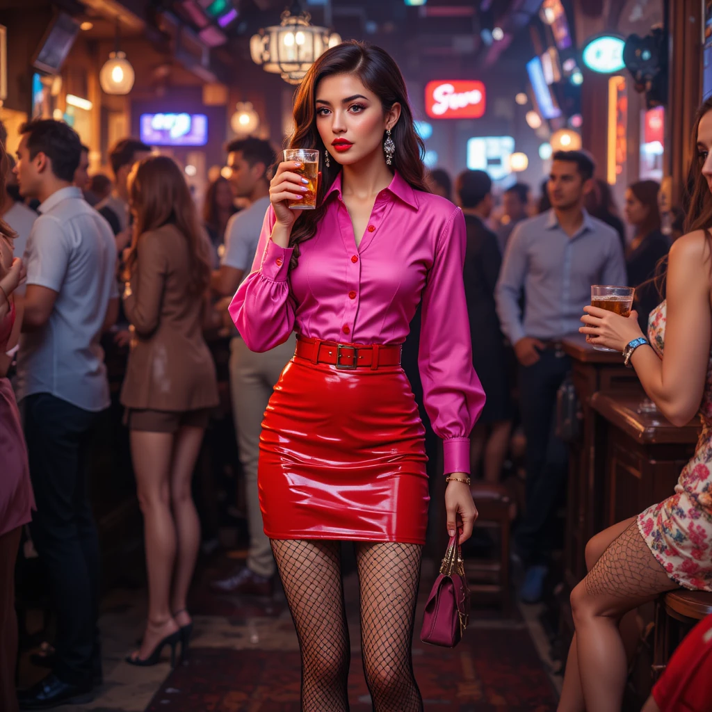 Mujer elegante con falda roja de látex en bar animado