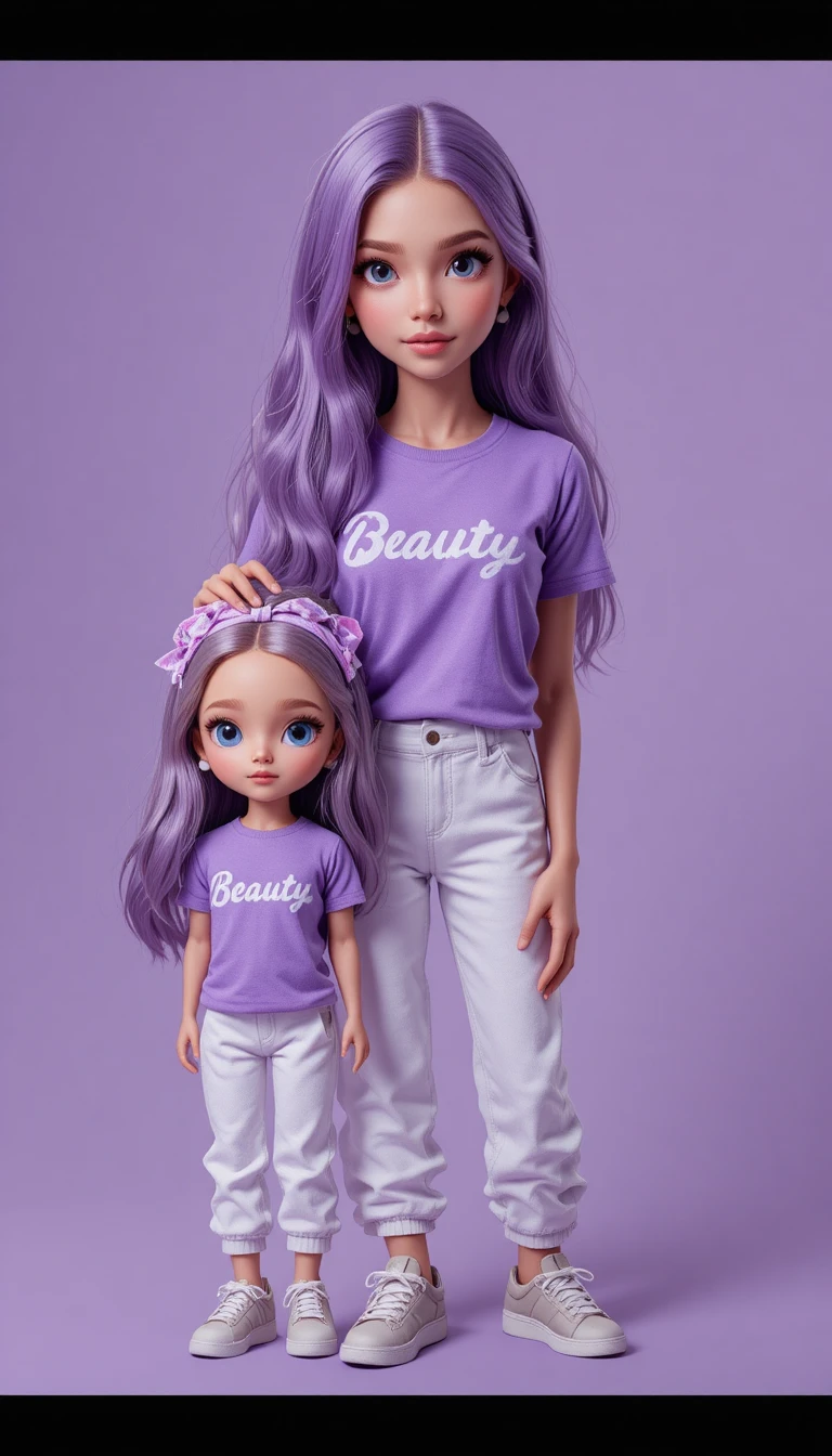Mujer con mini muñeca estilizada en ilustración 3D púrpura