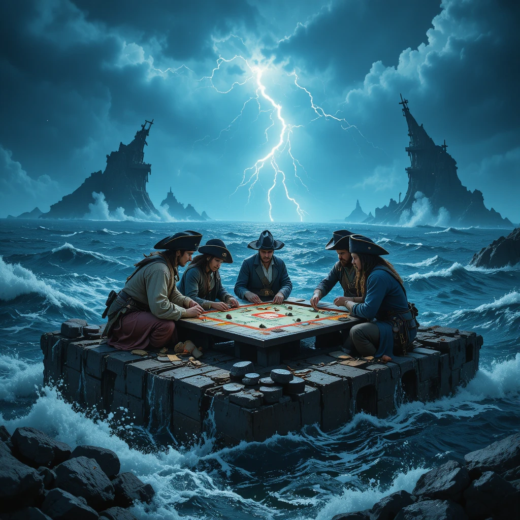 Piratas jugando Monopoly sobre restos de naufragio en un océano tormentoso