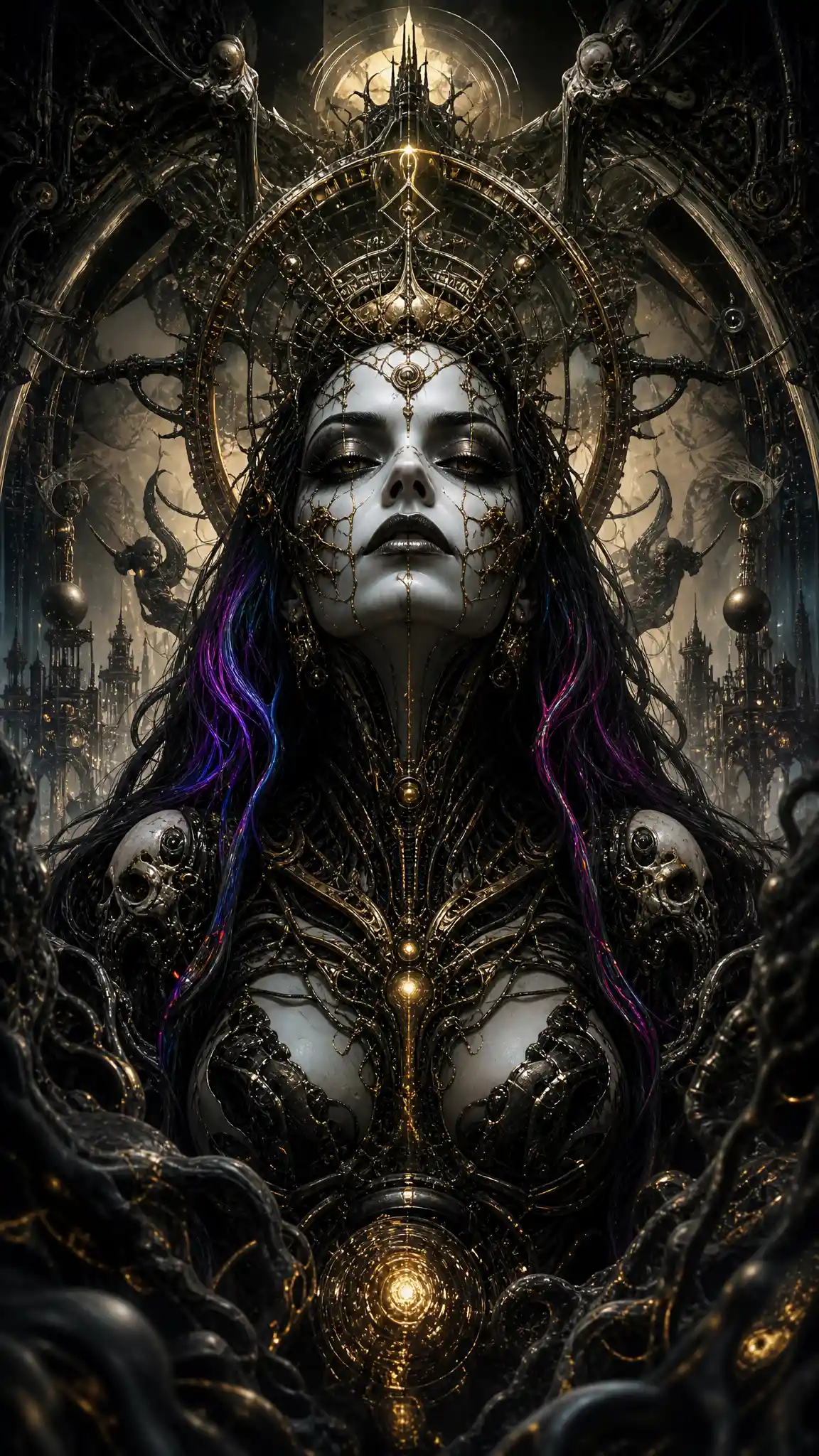 Surreal gothic oracle woman fused with biomechanical relics