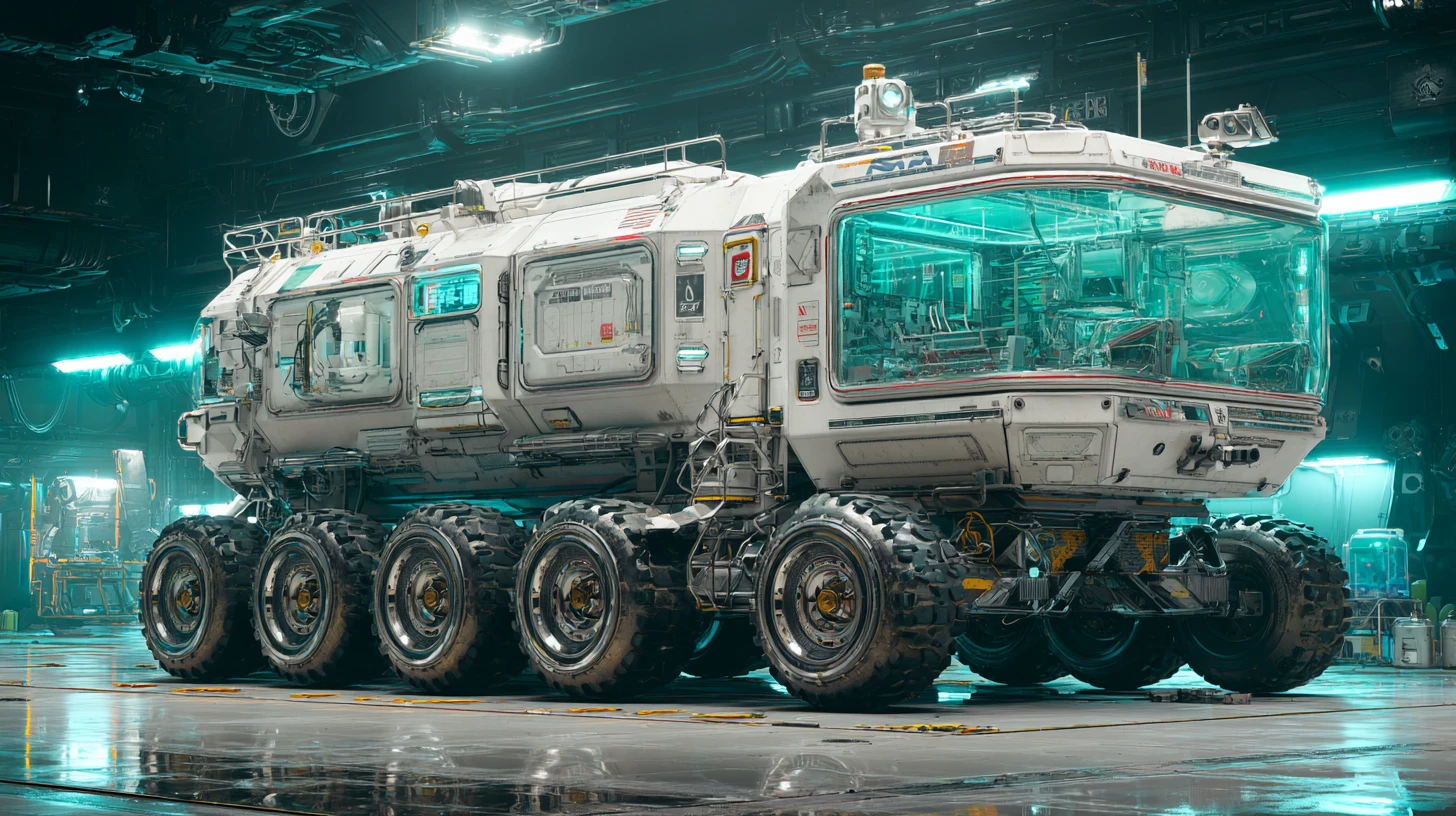 Rover d’exploration futuriste dans un hangar industriel aux lumières turquoises