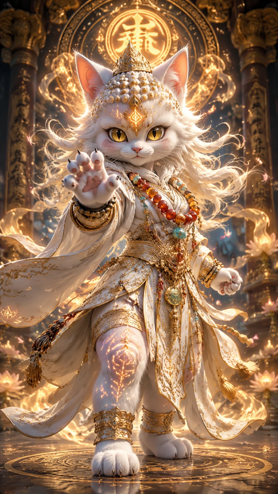 Guerrero monje felino blanco heroico en estilo anime 3D