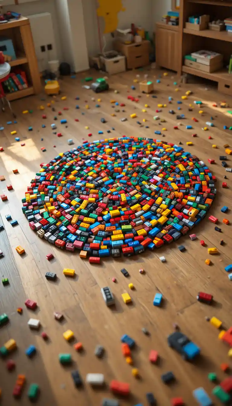Arranjo colorido de logotipos de carros LEGO em piso de madeira