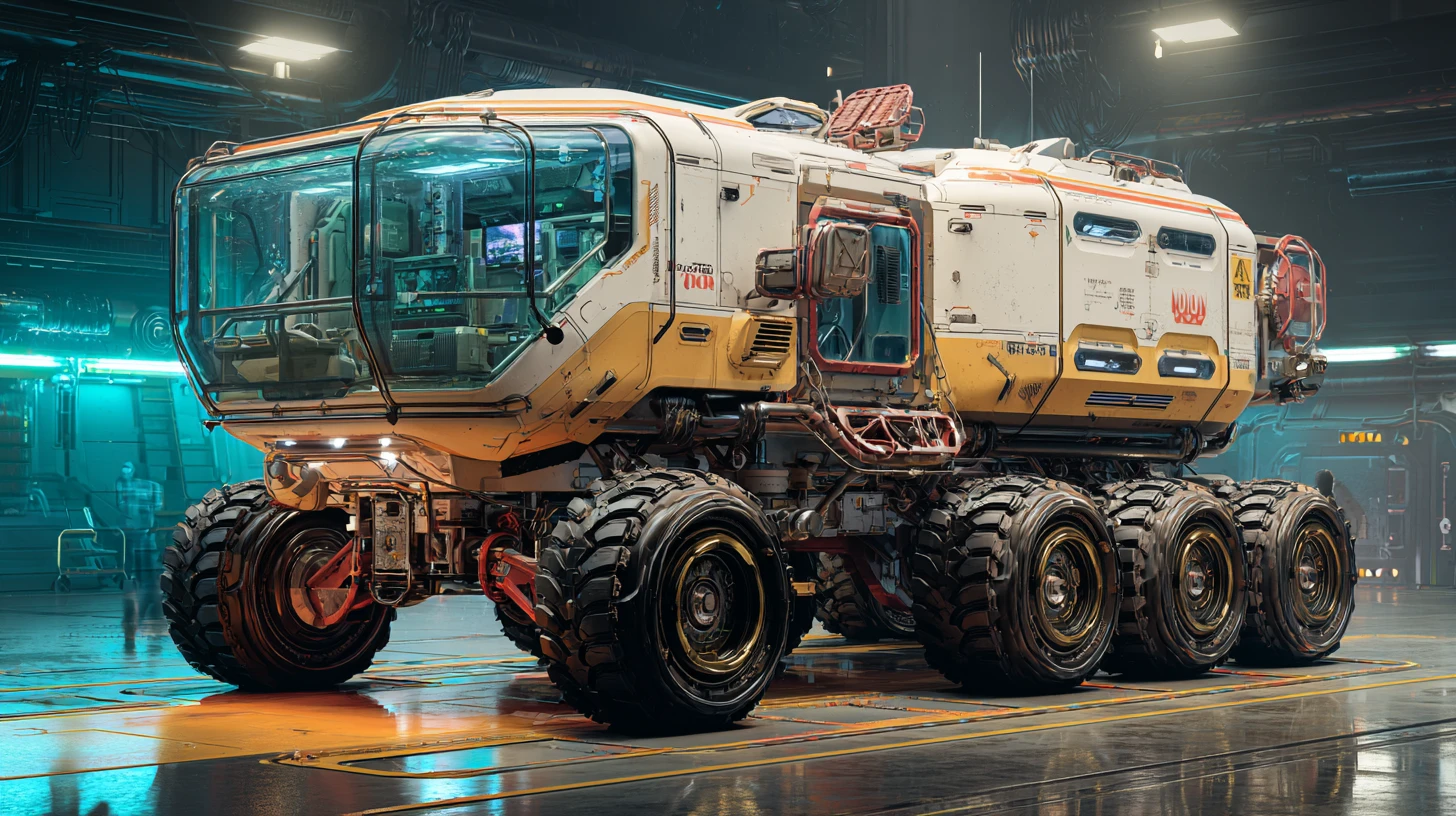Rover futurista de exploração sci-fi em hangar industrial