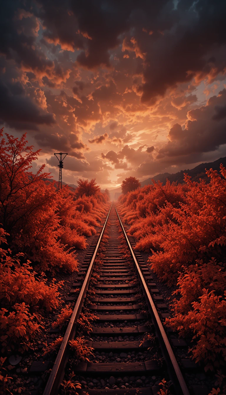 Vista infrarroja de vía de tren cubierta de maleza bajo un cielo de atardecer tormentoso
