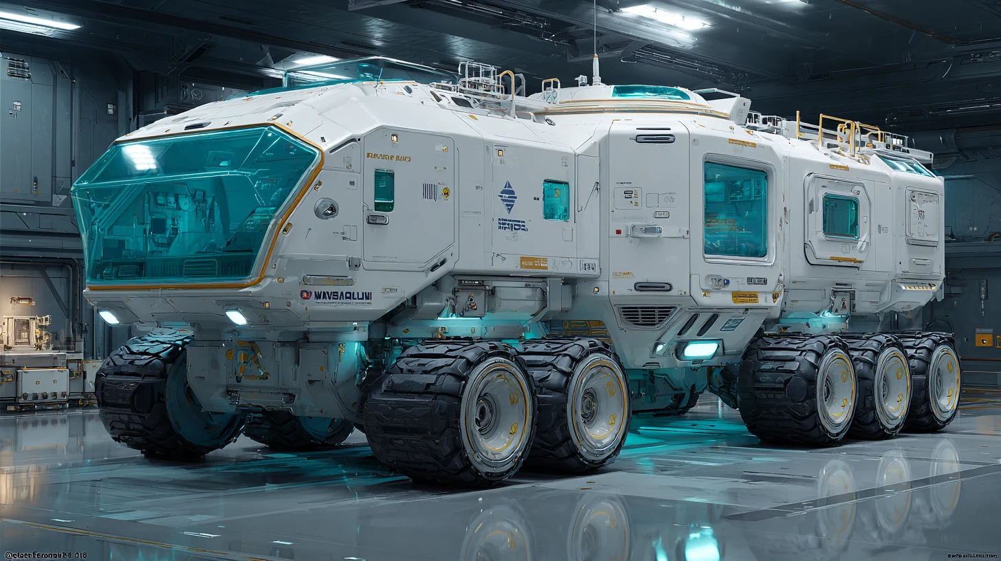 Near future sci fi rover in industrial hangar