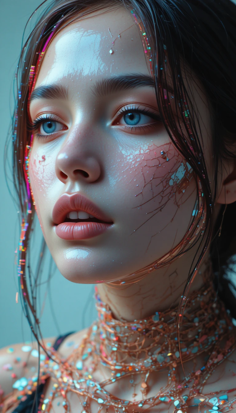 Close up portrait with intense digital glitch effects