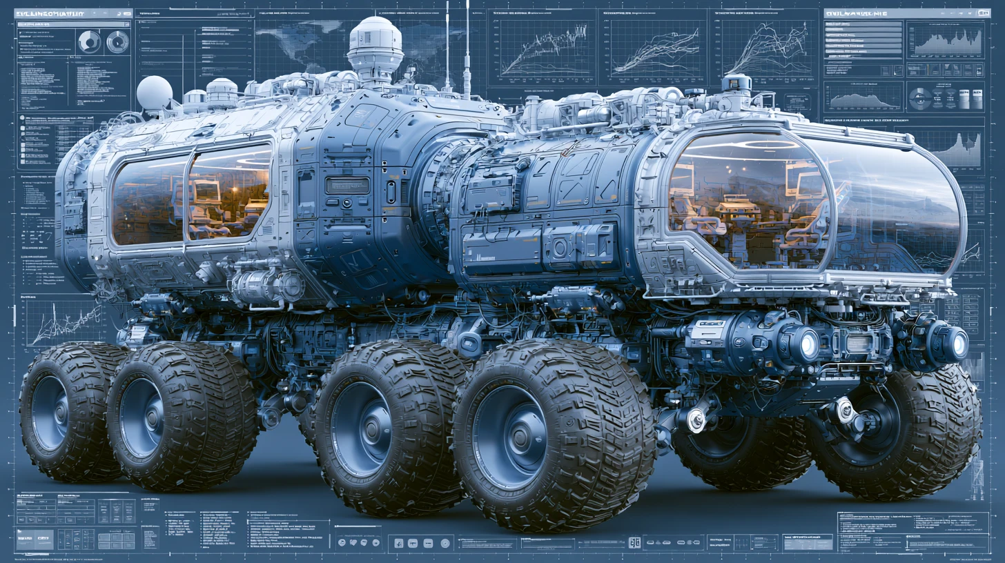 未來感科幻探索漫遊車的3D工程示意圖