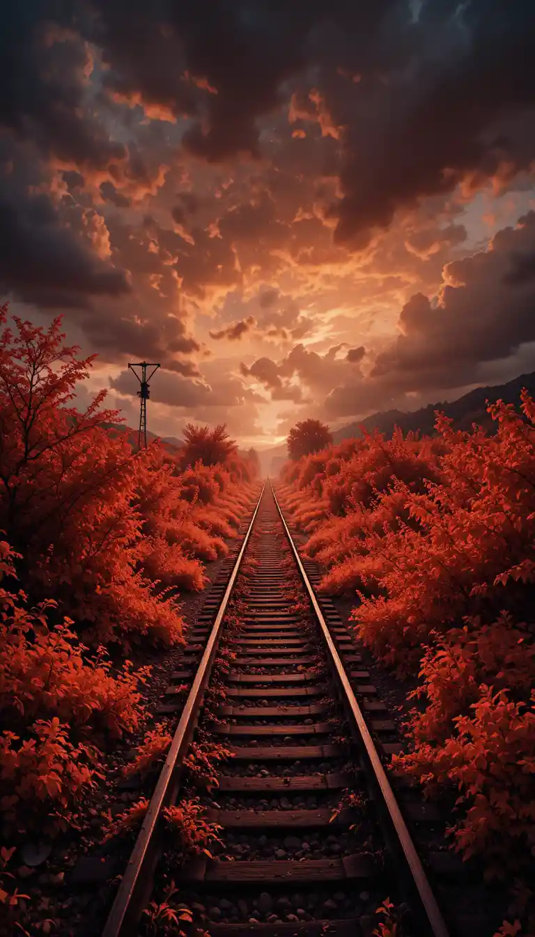 Infrarotansicht einer überwucherten Eisenbahn unter stürmischem Sonnenuntergangshimmel